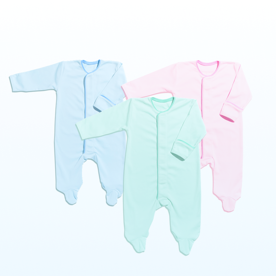 Three baby onesies in blue, green, and pink on a white background
